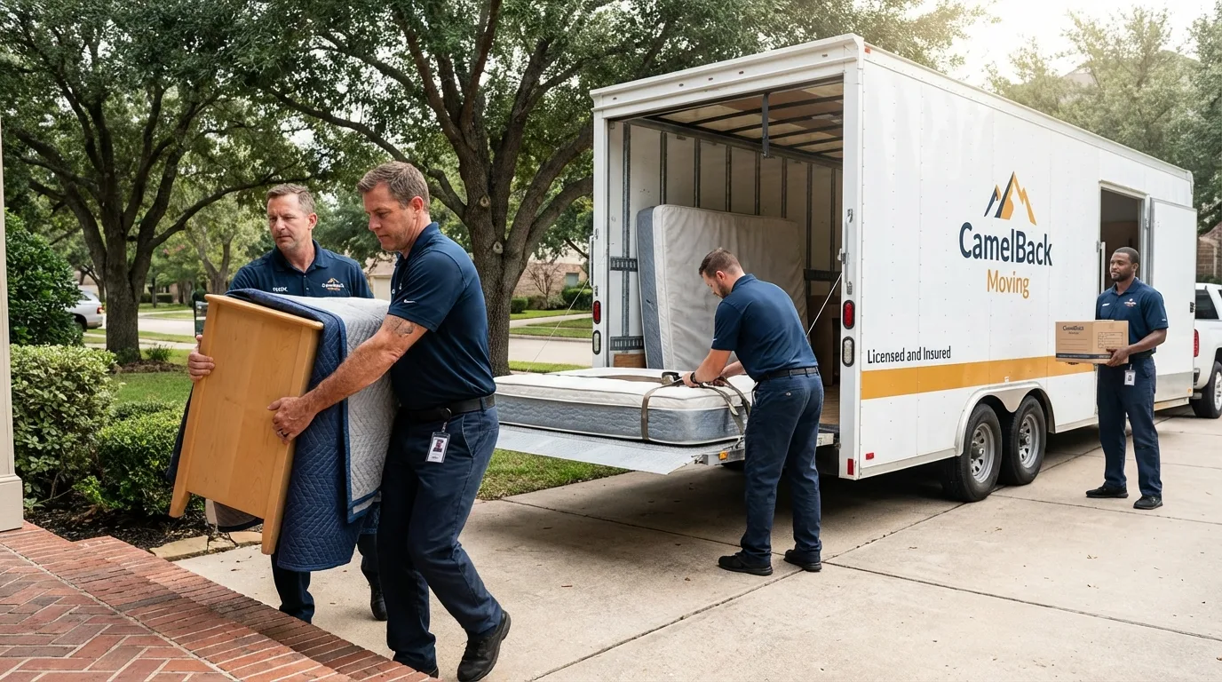 Crew loading residential truck for cross-state move from Pocatello, ID