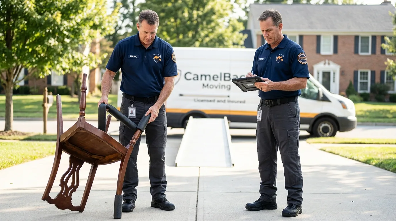 Movers inspecting furniture for damage prevention before loading in Pocatello, ID