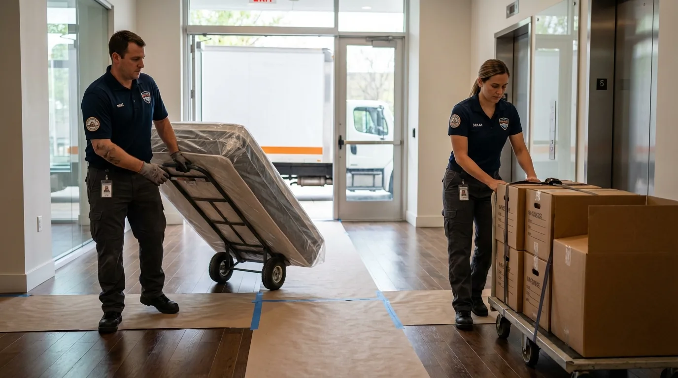 Professional apartment movers loading elevator in Pocatello, ID
